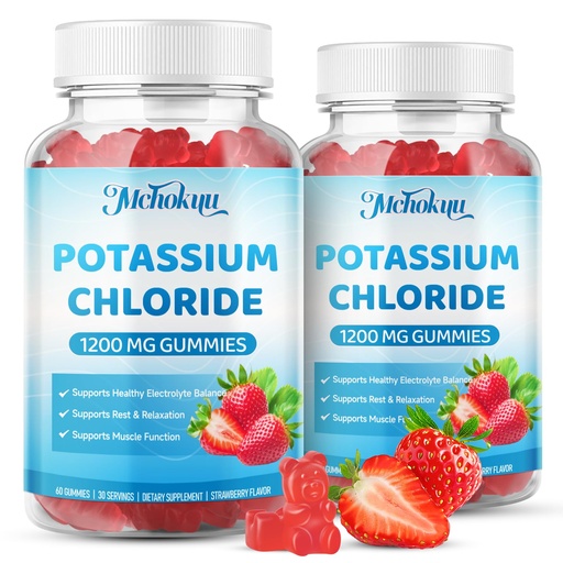 [BRSREHT3OIAQEA3B] Potassium Chloride Gummies 1200mg for Adults & Kids | Sugar-Free Potassium Supplement Supports Muscle Function, Rest & Electrolyte Balance for Women & Men, Strawberry Flavor, 120 Count