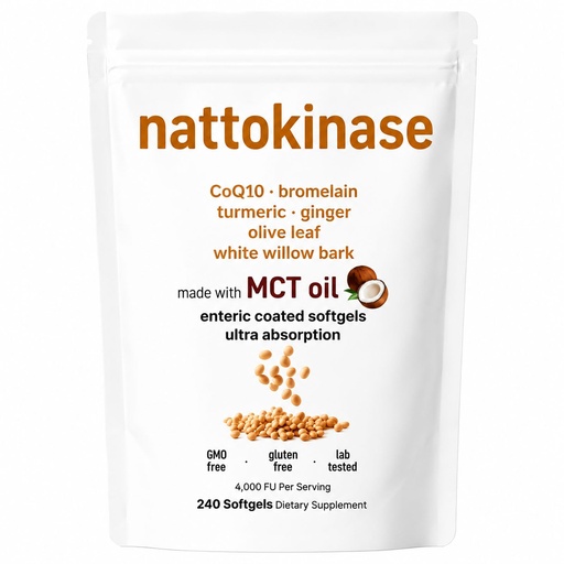 [BRSRYZY6AACRAEI7] Nattokinase 10,800 FU Daily Supplement – 7-in-1 Circulation Support Formula with CoQ10, Bromelain, Turmeric, Ginger, White Willow Bark – Enteric Coated Softgels, Non-GMO, Gluten Free, 240 Softgels