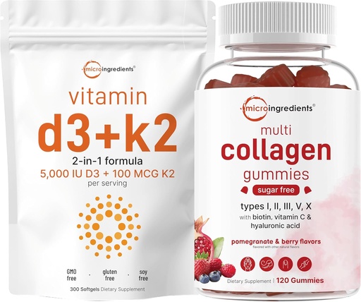 [BRSRAAIQOR6GYF3B] Micro Ingredients Vitamin D3 5,000iu + K2 100mcg Softgels & Multi Collagen Peptides Gummies Bundle Pack | Essential Sunshine Vitamins | Type I,II,III,V,X Protein with Biotin, Hyaluronic Acid, & Vitami