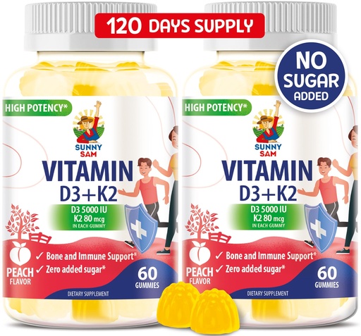 [BRSROAYQCFYQOA3G] SUNNY SAM Sugar-Free Vitamin D3 K2 Gummies 5000 IU - Immune & Bone Support - Vitamin D Gummy Supplement for Adults - High-Absorption, Vegan, Halal, Gluten-Free Chewable Vitamins - 120 Count
