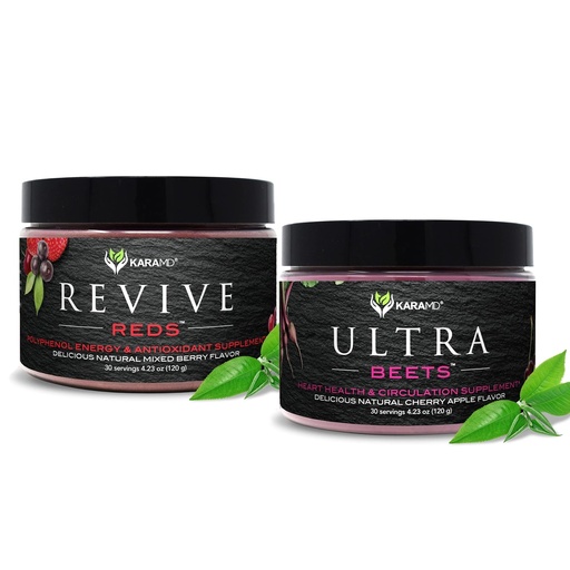 [BRSRE2YYBAOWK332] KaraMD Revive Reds Polyphenol Energy Booster & UltraBeets Beetroot Superfood Powder | Antioxidants, Shilajit, Beetroot, Nitric Oxide Booster | Non-GMO, Gluten Free, Vegan Friendly (30 Servings)