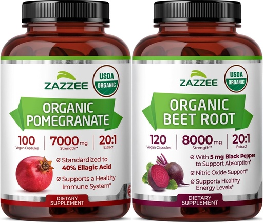 [BRSRGGIQAUCA23YY] Zazzee Organic Anti Aging Healthy Heart Support Bundle | Antioxidant Rich USDA Organic Beet Root Extract Plus Pomegranate Extract Capsules | Non-GMO Vegan & ISO Lab Tested