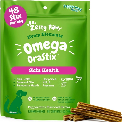 [BRSWGBQLAEOQ4HI6] Zesty Paws OraStix for Dogs – Omega Sticks with Hemp Salmon Krill Oil Bone Broth Anti Itch Skin Coat Care Hip & Joint Health Heart Immune System Support Dog Tartar Teeth Cleaning 25oz