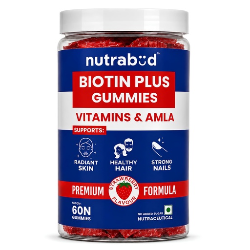 [BRSRMH3QOYGQ2DTX] Nutrabud Biotin Hair Gummies For Women, Men | No Added Sugar | For Healthy Hair Growth, Skin Glow & Strong Nails | Strawberry Flavor Veg Gummy Bear Supplement - 60 Count (Pack of 1)