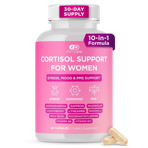 [BRSRYYYNCEDWCG3F] Effective Nutra Cortisol Supplements for Women | Ashwagandha, Magnesium & L-Theanine | Stress, Sleep & Hormonal Balance | PMS, Mood & Adrenal Support | 3rd Party Tested | 60 Capsules