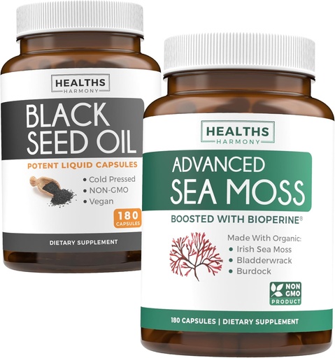 [BRSROC3YDN6GACLU] Black Seed Oil & Irish Sea Moss (3-Month Supply) - Power Duo Bundle of Black Seed Oil (180 Capsules) Cold-Pressed Nigella Sativa & Irish Sea Moss (180 Capsules) with Bioperine and Bladderwrack
