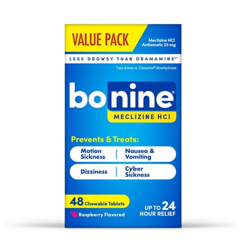 [BRSRGAI2OZ7Q4HLG] Bonine 48 ct. Non Drowsy Motion Sickness Relief, Sea Sickness, Car Sickness, Nausea, & Vomiting - Meclizine HCI 25mg, Travel-Sized - Raspberry Chewable Tablets