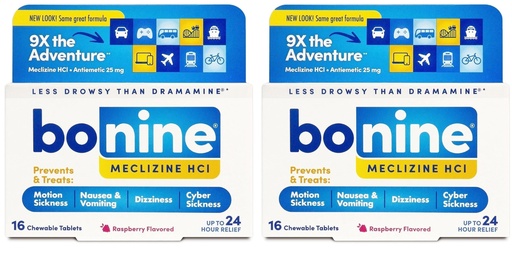 [BRSRA23RBUMQKA3A] Bonine Non-Drowsy for Motion Sickness Relief, Sea Sickness, Car Sickness, Nausea and Vomiting, with Meclizine Hcl 25mg, Raspberry, Travel-Sized 16ct (Packaging May Vary) (Pack of 2)