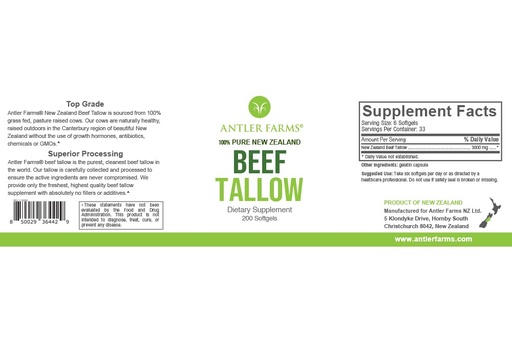 [BRSROYIEC57WCFI7] Antler Farms – 100% Pure New Zealand Beef Tallow - Grass Fed, Pasture Raised, Top Grade, Purified e filtrato, Natural Beef Tallow - 200 Softgels, 500mg