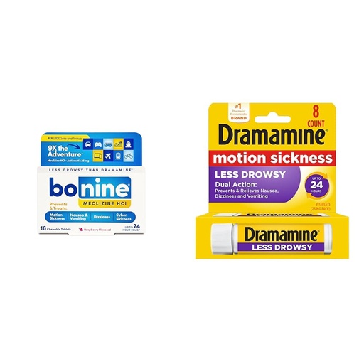 [BRSROBQEAEORY23L] Bonine Non-Drowsy for Motion Sickness Relief, Sea Sickness, Car Sickness, Nausea and Vomiting & Dramamine Motion Sickness Relief Less Drowsey Formula, 8 Count