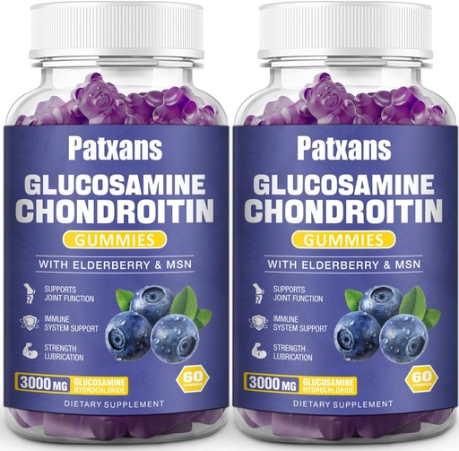 [BRSRAGT2AQIQ4YLK] 2 Packs 3000MG Glucosamine Chondroitin Gummies - Extra Strength Joint Health & MSM Elderberry Natural Joint Support Supplement, Flexibility, Antioxidant Immune Support for Adults, 120 Gummies.