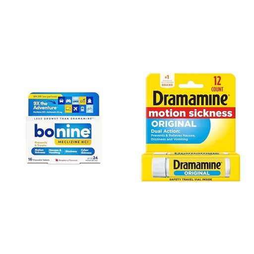 [BRSRAY33O5YBO2T7] Bonine and Dramamine Motion Sickness Relief Tablets, Non-Drowsy Meclizine Hcl 25mg 16ct and Original Formula Travel Vial 12 Count