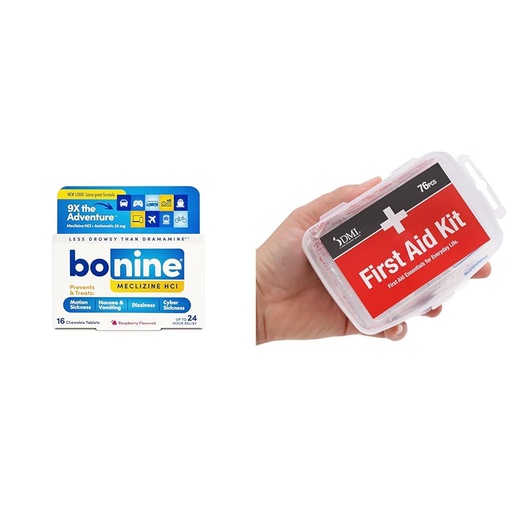 [BRSRAY33OYBQEGQ2] Bonine Motion Sickness Relief Chewables 16ct & DMI 76-Piece First Aid Kit for Cuts, Scrapes, Travel