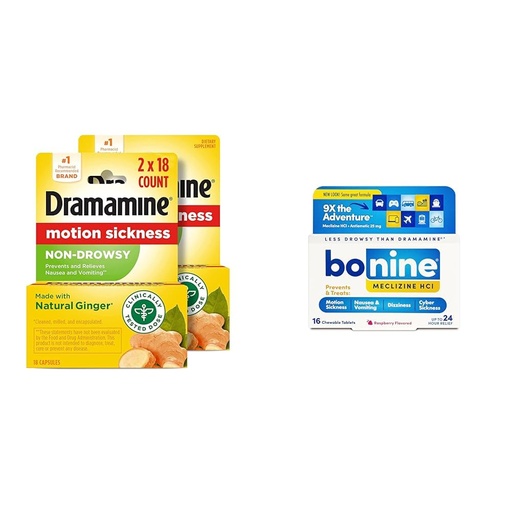 [BRSRAY33CJYGMAI4] Dramamine Non-Drowsy Motion Sickness Relief Ginger 18 Count 2 Pack and Bonine Motion Sickness Relief Meclizine Hcl 25mg Raspberry 16 Count