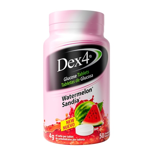 [BRSRGCA2CN7QIET4] Dex4 Glucose Tablets, Fast Acting Glucose, 4g Pre-Measured Glucose per Tablet, Fat-Free, Gluten-Free, Watermelon, 50 Tablets per Bottle, 12-Pack (600 Units)