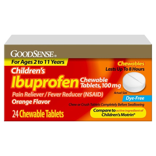 [BRSREGIBBMNGYFAZ] Childrens Ibuprofen Chewable Tablets, 100 mg, Orange Flavor, Pain Reliever and Fever Reducer, 24 Count