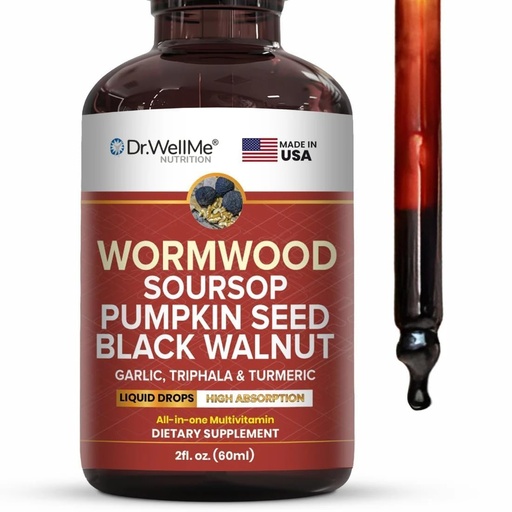 [BRSRABICDN7RG3DO] Dr.WellMe Wormwood Soursop Liquid Drops – 2 fl oz (60 ml) with Pumpkin Seeds, Black Walnut, Garlic, Triphala & Turmeric – Antioxidants & Natural Energy