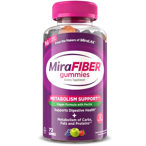 [BRSREAI6CQHWE3DF] MiraFIBER Gummies, from The Makers of MiraLAX, 8g Per Serving, with B Vitamins, Metabolism Support, Gut Health for Men & Women, Prebiotic Fiber Gummies for Adults, Mixed Fruit Flavor 72Ct