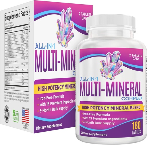 [BRSRM2QLCVYG2HTJ] All-in-1 Multimineral Supplement Blend (Iron Free Formula) Multiminerals | Trace Minerals | High-Potency Multi Mineral Supplements | Mineral Complex | 90-Day Bulk Supply | 180 Tablets