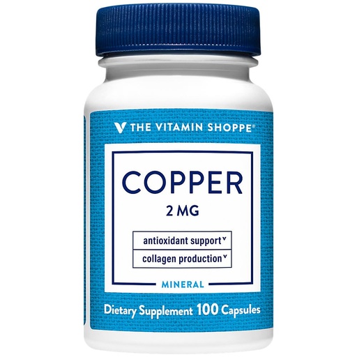 [BRSWIYTYOEDRE23O] The Vitamin Shoppe Copper 2 mg Capsules, Essential Trace Mineral Supplement for Men & Women, Supports Antioxidant Function, Collagen Production & Iron Metabolism, Gluten Free, 100 Capsules