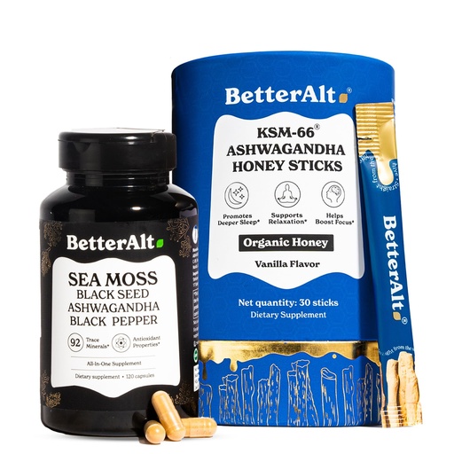 [BRSREADQOVYWA2Y4] BetterAlt Ashwagandha Honey Sticks & Sea Moss Capsules | Organic Honey + Ayurvedic Sea Moss Blend with Ashwagandha, Black Pepper & Black Seed Oil | Energy, Focus & Stamina Support