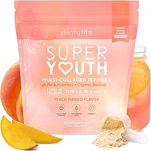 [BRSROBAKBECAOADU] SkinnyFit - Super Youth Collagen for Women - Multi Collagen Peptides Powder - Probiotics, Fiber, Hyaluronic Acid - Non GMO, Gluten Free, Sugar Free - Beauty & Self Care - Peach Mango (28 Servings)