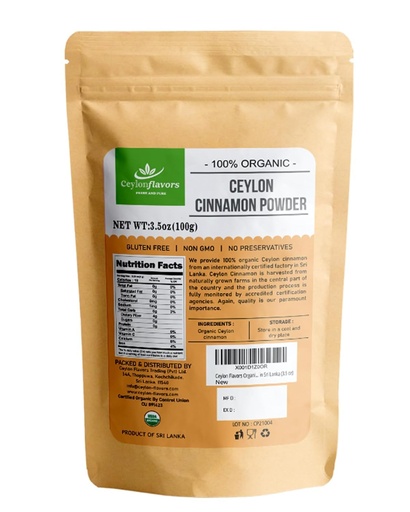 [BRSWECQZC4NGYADJ] Ceylon Flavors Organic Ceylon Cinnamon Powder, Premium Special Grade, Non GMO, Harvested from a USDA Certified Organic Farm in Sri Lanka (3.5 oz)