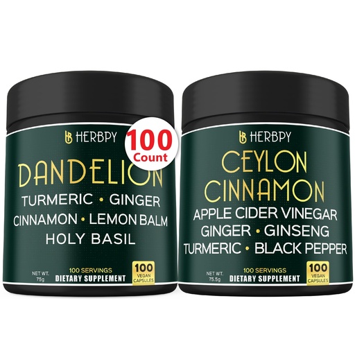[BRSRAGAPOZ5QIA34] Herbpy Bundle 6in1 Dandelion Root Supplement 750mg/serving (100 Capsules) & 6in1 Premium Ceylon Cinnamon Capsules 755mg/serving (100 Capsules)