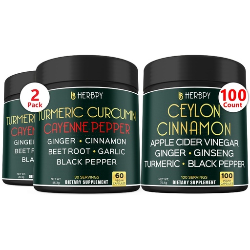 [BRSRAGAPOYCAO3I7] Herbpy Bundle 7in1 Turmeric Root 1510mg/serving (2pack60 for 60 Servings) & 6in1 Premium Ceylon Cinnamon Capsules 755mg/serving (100 Count 100 Servings)