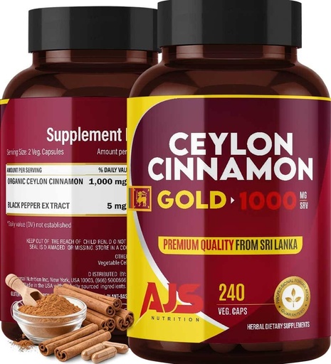 [BRSRGCQ2AV6WAELK] AJS Ceylon Cinnamon Capsules, Ceylon Cinnamon Bark Supplement, Sri Lanka Sourced Cinnamon, 240 Veggie Capsules, Non-GMO, Lab Tested, 1 Pack