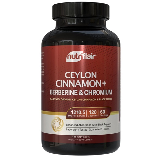 [BRSW2FAZARYQY33Z] NutriFlair Ceylon Cinnamon, Berberine, Chromium 1200mg, 120 Capsules | Premium Botanical Blend, High Potency Formula, Non-GMO, Third Party Tested. Contains Berberine HCl