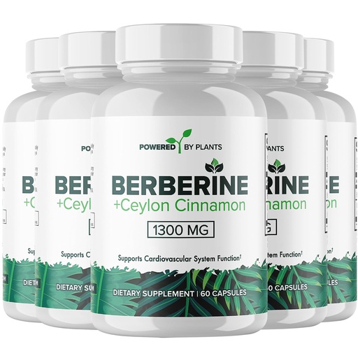 [BRSROBLQDECRA23U] Pure Berberine Supplement - 1300mg Berberine with Ceylon Cinnamon for Metabolism & Immune System Support - 5 Pack, 300 Servings