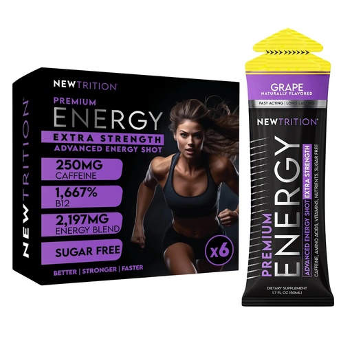 [BRSREGQFDINAAEY7] NewTrition® Extra Strength Energy Shots, 1.7 fl oz - 250mg Caffeine with Vitamin B & Amino Acids, Sugar-Free, Zero Calorie Vitamin Energy Drink for Focus & Endurance (Pack of 6, Grape)