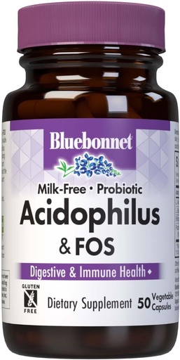 [BRSWIY3YAUIGCFTY] Bluebonnet Nutrition Milk-Free Probiotic Acidophilus & FOS, Digestive Health*, Immune Health*, Gluten-Free, Soy-Free, Dairy-Free, 50 Vegetable Capsules, 50 Servings