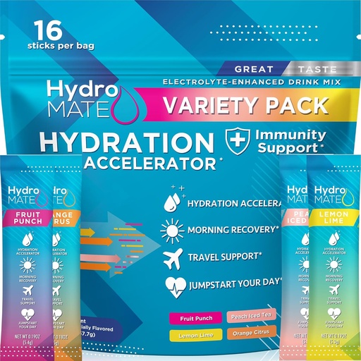 [BRSW2EL7B4MRGHTP] HydroMATE Électrolyte Powder Pack de variétés Hydratation Packs Faible sucre 16 Compte