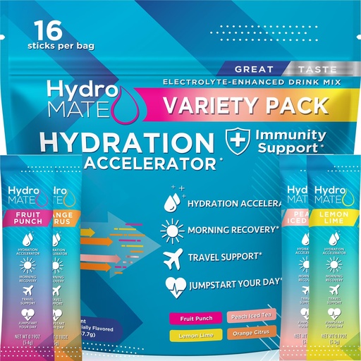 [BRSW2EL7B4MRGHTP] HydroMATE Electrolytes Powder Packets Low Carb Hydration Accelerator Drink Mix Party Relief Plus Vitamin C Variety Pack 16 Sticks