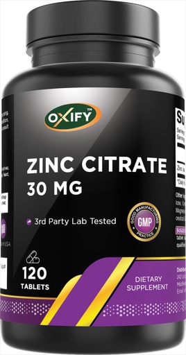 [BRSRGYAKDJ7AGAL7] Oxify Zinc Citrate 30 mg | 120 Tablets | Gluten-Free, Non-GMO | Supplement Made in USA