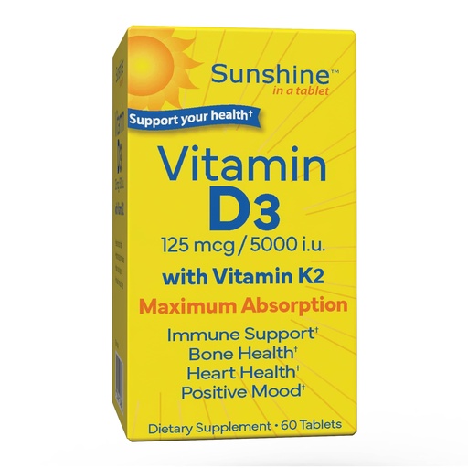 [BRSRACYZAUNBOFI3] Sunshine Vitamin D3 with Vitamin K2, D3 5000 IU with K2 100 mcg for Healthy Muscle Function, Bone Health and Immune Support, Vitamin D3 K2, 60 Tablets