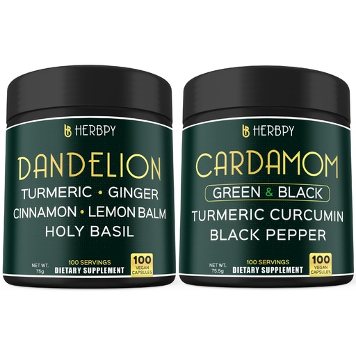 [BRSREYABBMPQYCTV] Herbpy Bundle 6in1 Dandelion Root Supplement 750mg/serving (100 Capsules) & 4in1 Black and Green Cardamom 755mg/serving (100 Capsules)