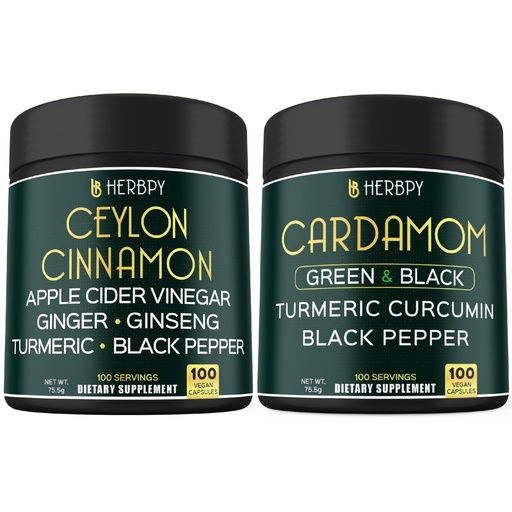 [BRSREYABBENBUYD7] Herbpy Bundle 6in1 Premium Ceylon Cinnamon Capsules 755mg/serving (100 Capsules) & 4in1 Black and Green Cardamom 755mg/serving (100 Capsules)