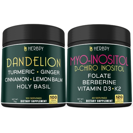 [BRSREZQ3OV6BM2DU] Herbpy Bundle 6in1 Dandelion Root Supplement 750mg/serving (100 Count 100 Servings) & 6in1 Myo-inositol & D-Chiro Inositol Supplement 2250mg/serving (120 Count 40 Servings)