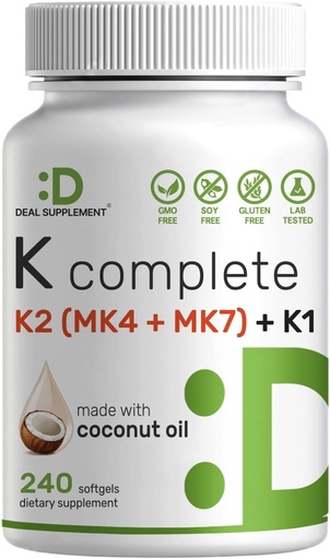 [BRSRMBIBOQMAIAI3] DOPLŇKOVÝ DOPLŇK Vitamin K kompletní - 240 Coconut Oil Softgels CLAS124; High potency Vitamin K2 (MK-7 a MK-4) & K1 CLAS124; Full Spectrum Triple Vitamin 124; Kost, kloub, a imunitní podpora - Non- GMO