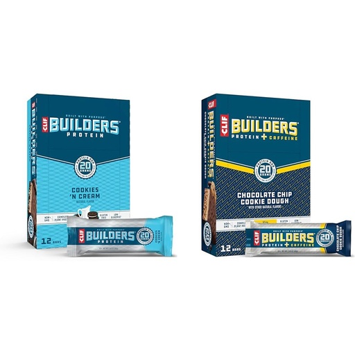 [BRSRAY33OYFAMALZ] CLIF Builders Protein Bars Bundle - Cookies 'n Cream & Chocolate Chip Cookie Dough Flavors - 20g Plant Protein - Gluten-Free - 12 Count