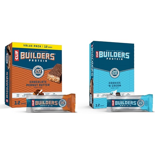 [BRSRAYAKCUFWYG3F] CLIF Builders Chocolate Peanut Butter & Cookies 'n Cream Protein Bars Bundle - Gluten-Free Non-GMO 20g Protein 2.4 oz. (12 Count) Bars