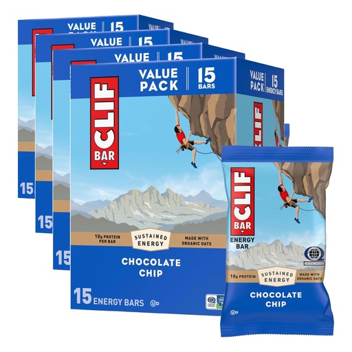 [BRSRGAAFPMPQMGTZ] CLIF BAR - Energy Protein Bars - Chocolate Chip - Made with Organic Oats - Energy Bars - Non-GMO - 15 Count, (Pack of 4)