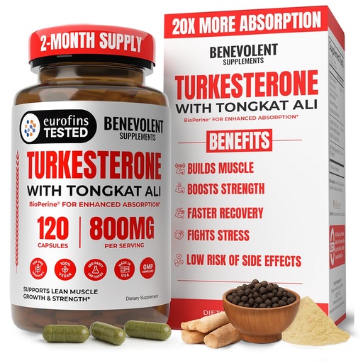 [BRSRMZIYAR6RG234] Benevolent Turkesterone with Tongkat Ali & BioPerine (Max Absorption) - High Potency 800mg Turkesterone Supplement for Men & Women - Increase Stamina, Muscle Growth, Recovery, 2 Months Supply