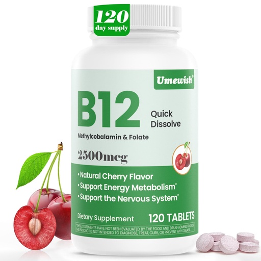 [BRSREFT3DMOWOELB] Vitamin B12 Methylcobalamin Sublingual 2500 mcg - Quick Dissolve Under Tongue Cherry Flavor for Cellular Energy Support, Energy Metabolism, Nervous System Health(4-Month Supply)