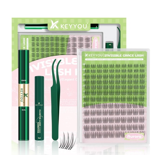 [BRSRGZQEAEOQIYD6] KEYYOU Aurora Lash Clusters Kit Fairy Lash Extension Kit C Curl 120Pcs Eyelash Extension Kit Wispy Natural Invisible Band Lash Kit with Waterproof DIY Lash Extension Kit at Home(Aurora-C-8-16MIX)
