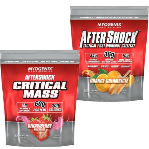 [BRSRYZAOCUHQKYI2] Myogenix Critical Mass Strawberry 5 lbs and Aftershock Orange Creamsicle 6 lbs – Critical Mass: Whey Protein Powder, Creatine & Glutamine – Aftershock: Recovery Carbohydrates, Protein Powder, & Aminos