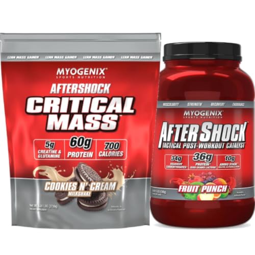 [BRSRYZAOCUAQ433H] Myogenix Critical Mass Cookies & Cream and Aftershock Fruit Punch 3 lbs – Critical Mass: Whey Protein Powder, Creatine & Glutamine – Aftershock: Recovery Carbohydrates, Protein Powder, & Aminos Stack